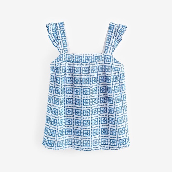 Next Tops - Next Blue/White Borderie Frill Sleeve Embroidered Patterned Cami Top